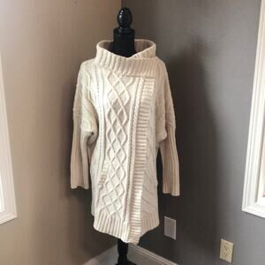 PRANA Cream Cable Knit Cowl Neck Snap Front Cardigan, M